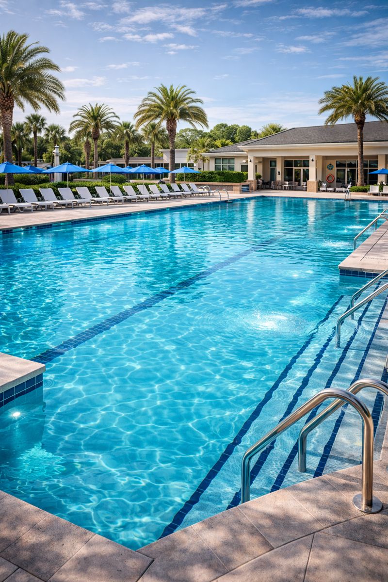 Commercial pool at resort with palm trees and lounge chairs