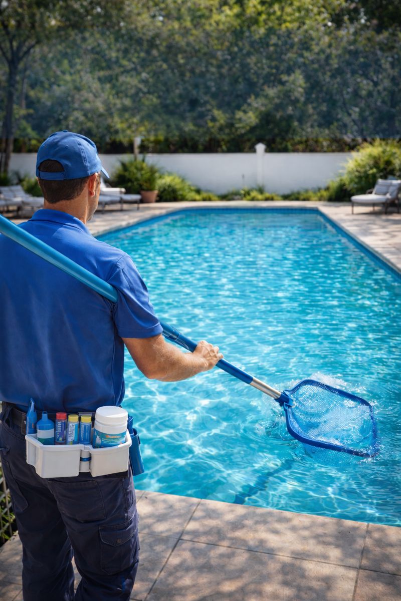 Pool service technician skimming pool with chemicals